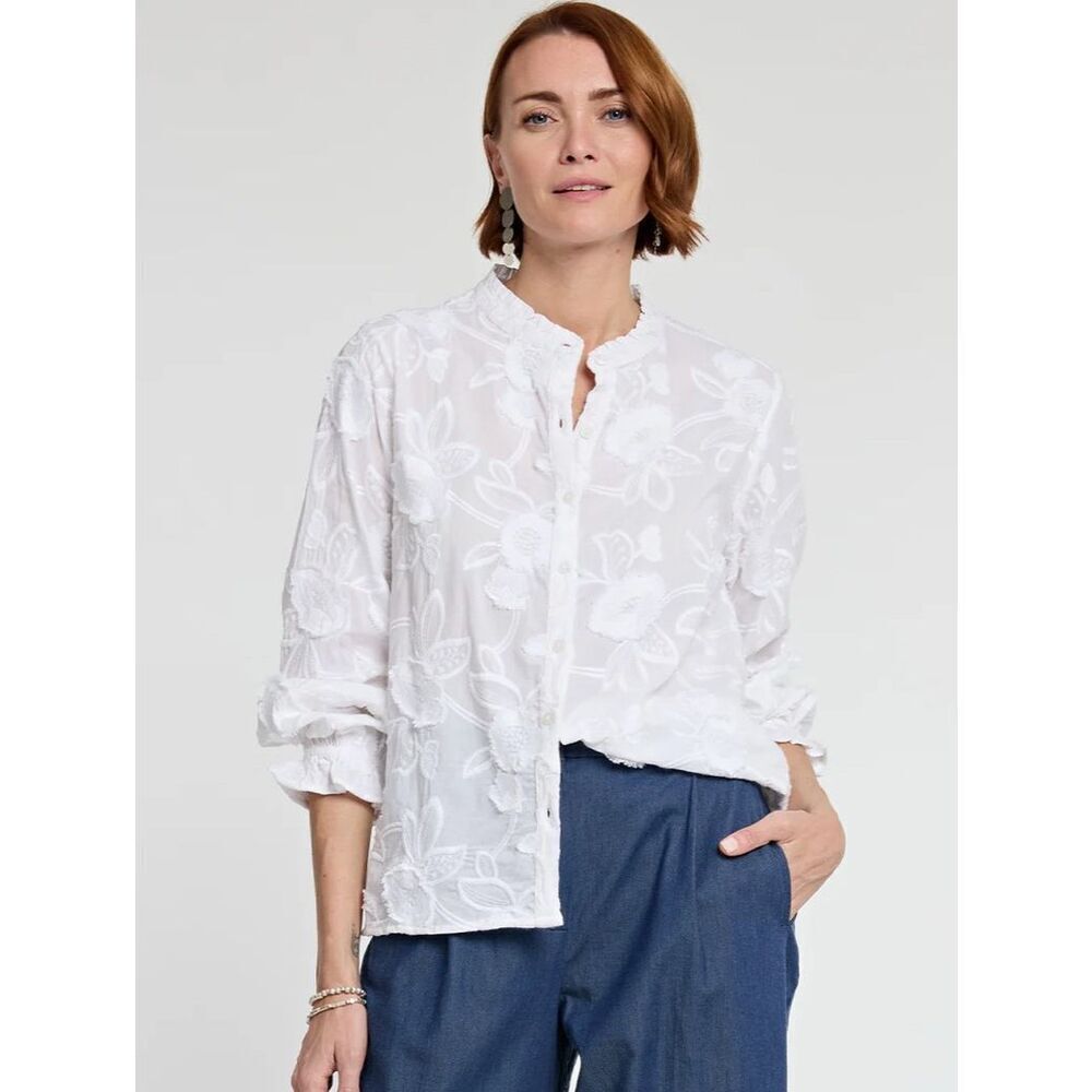NWT Hinson Wu Nicola Long Sleeve Floral Applique Shirt, Lrg $330 E51